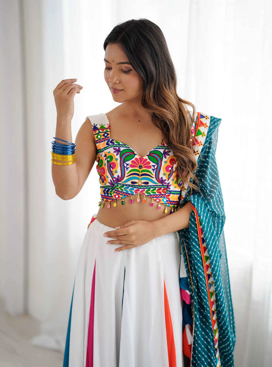 Multi-Color Rayon Navratri Lehenga With Thread & Mirror Work