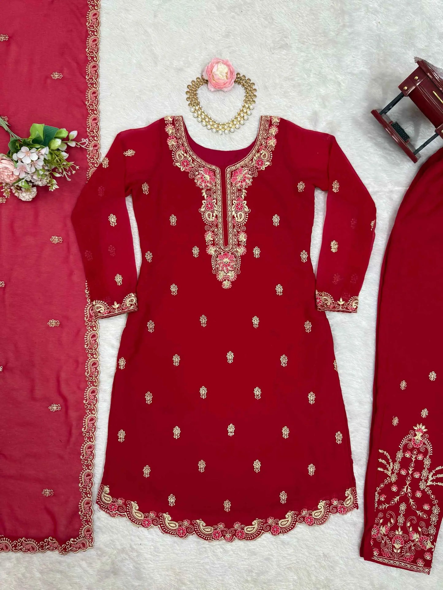 Claret Red Thread Embroidery Work Salwar Suit With Dupatta