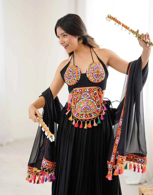 Black Designer Navratri Lehenga With Gamthi & Mirror Work