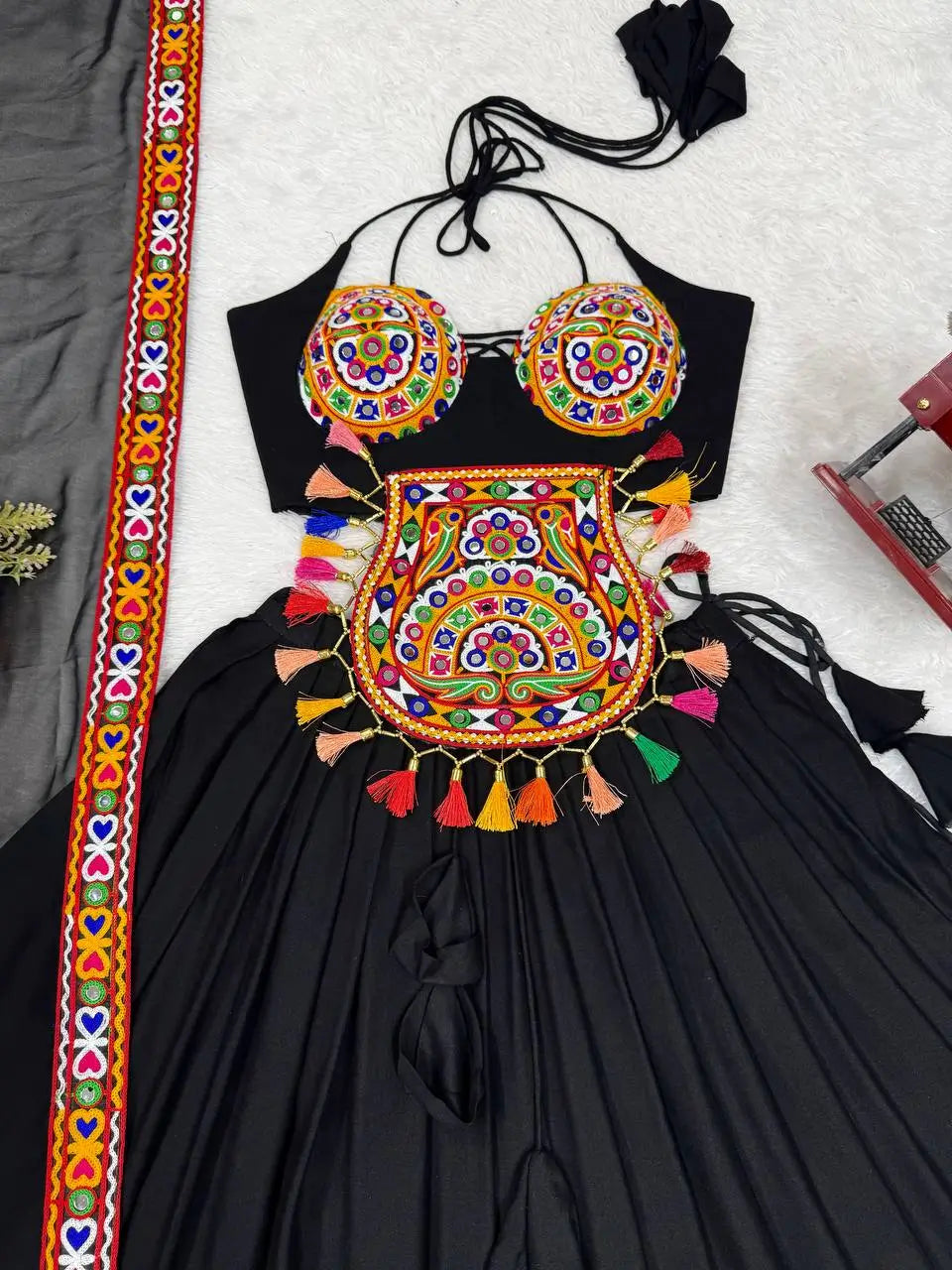 Black Designer Navratri Lehenga With Gamthi & Mirror Work