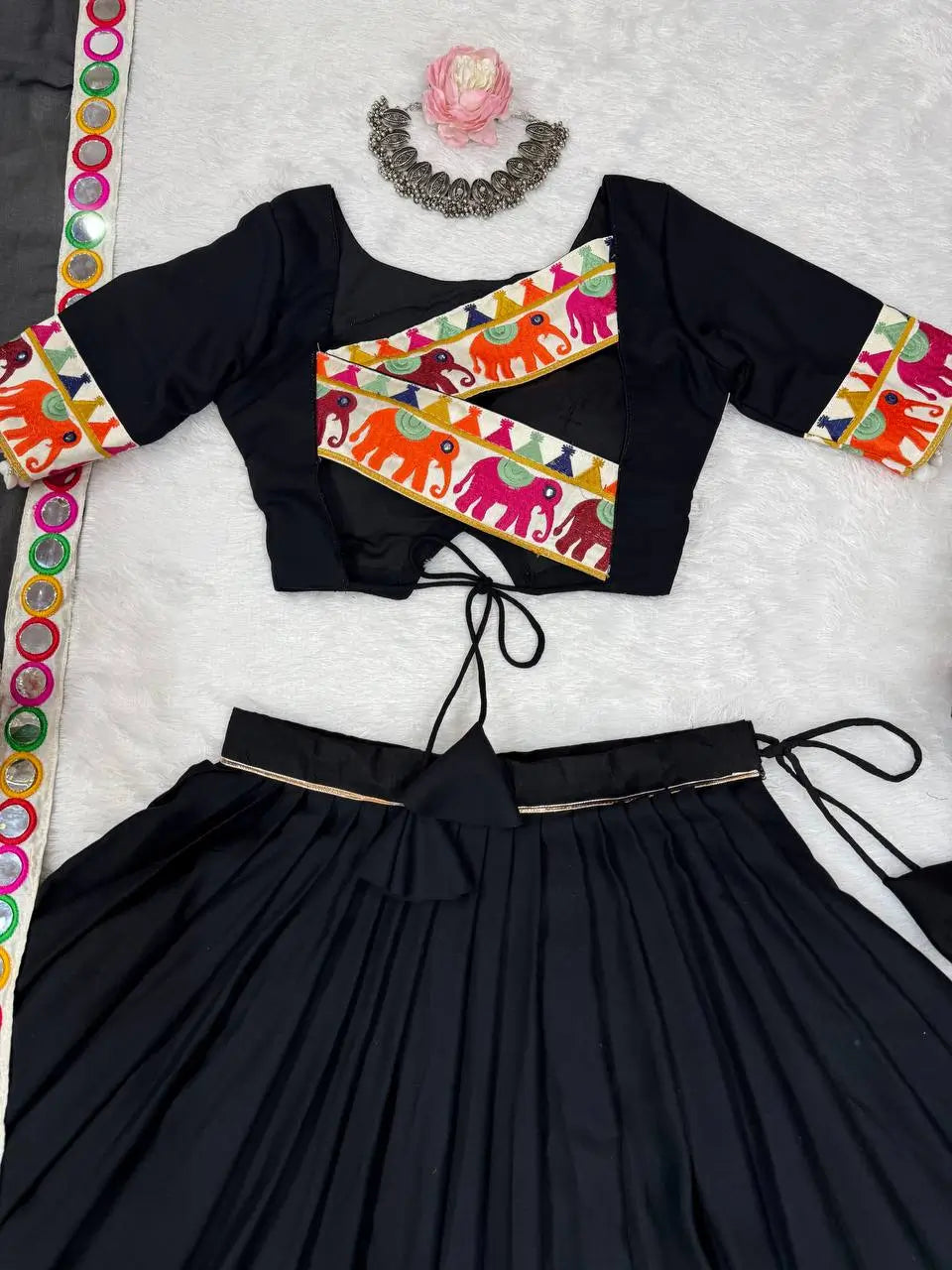 Black Rayon Navratri Lehenga With Gamthi & Mirror Work