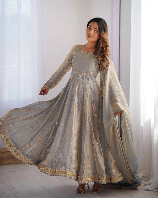 Silver Grey Cording Sequins Embroidery Work Designer Gown With Dupatta