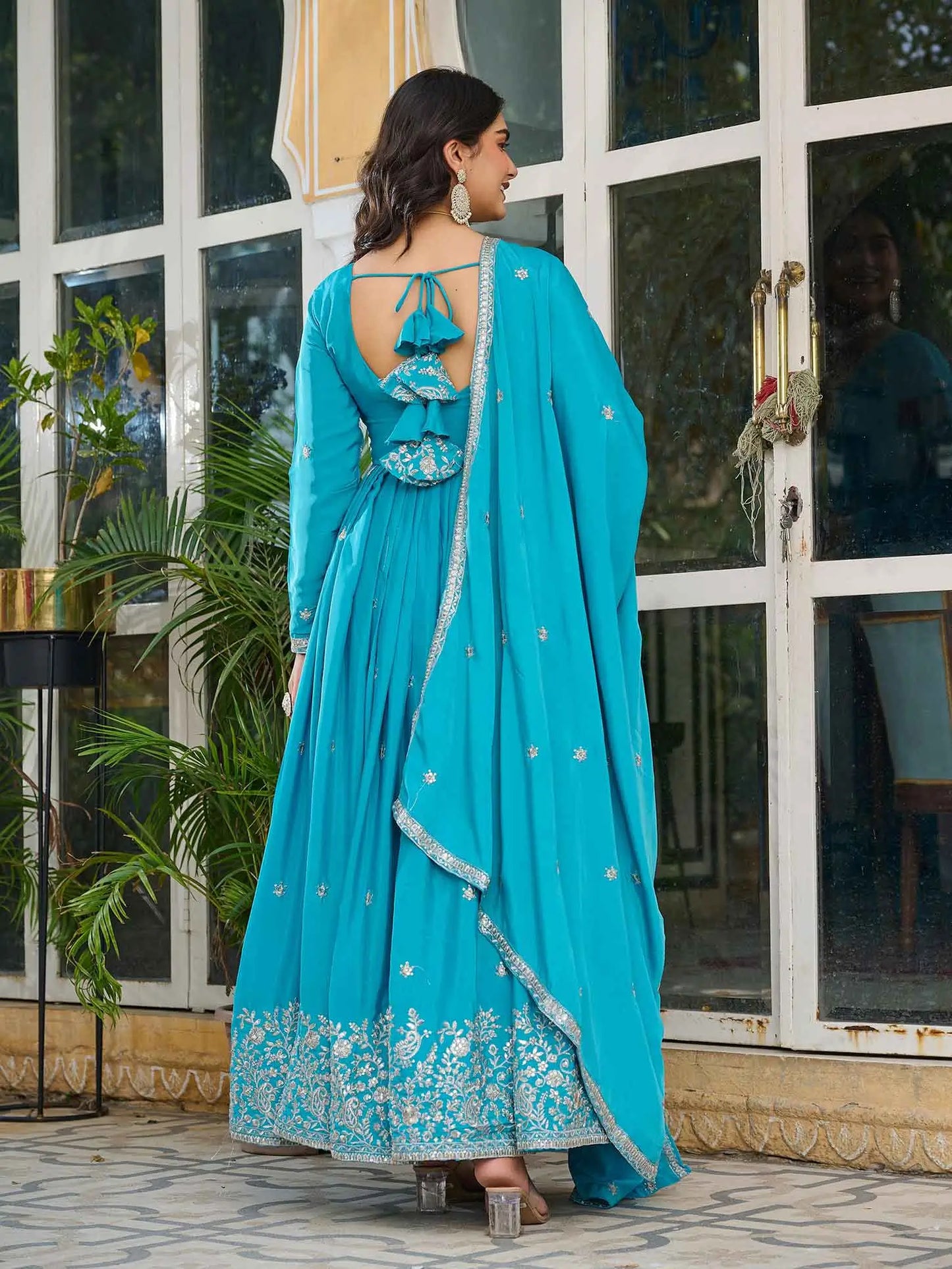 Bondi Blue Sequins Embroidery Work Silk Gown And Dupatta