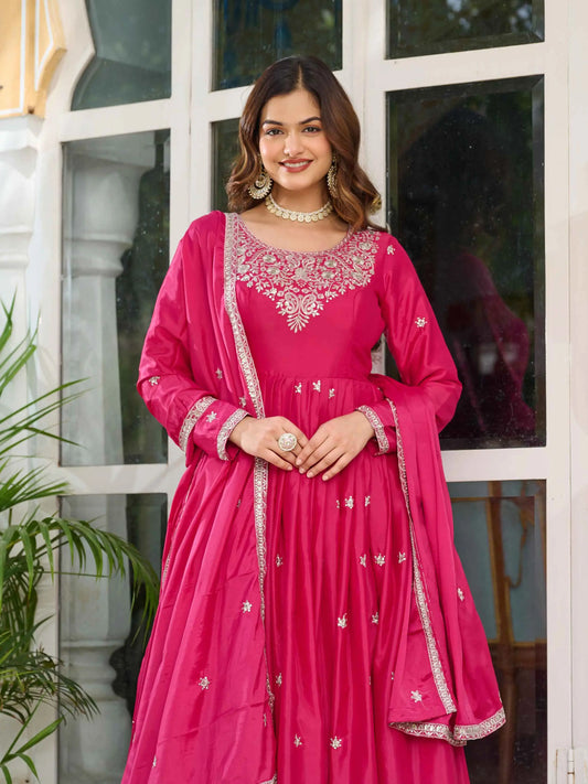 Beautiful Pink Sequins Embroidery Work Silk Gown And Dupatta