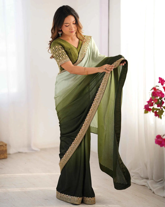 Light And Dark Green Sequins Embroidery Work Saree
