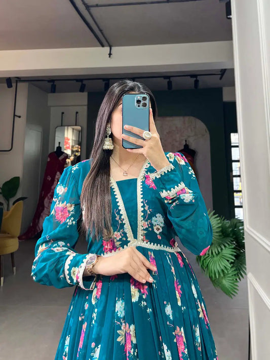 Dark Teal Blue Floral Print Georgette Gown