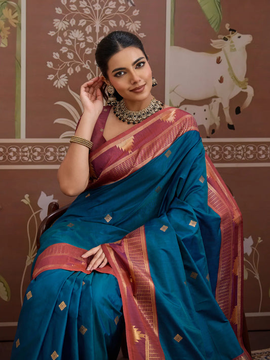 Regal Blue Tussar Silk Handloom Weaving Saree