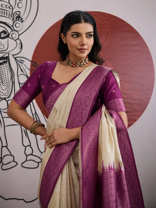 Beige-Wine Paper Silk Zari Weaving Saree