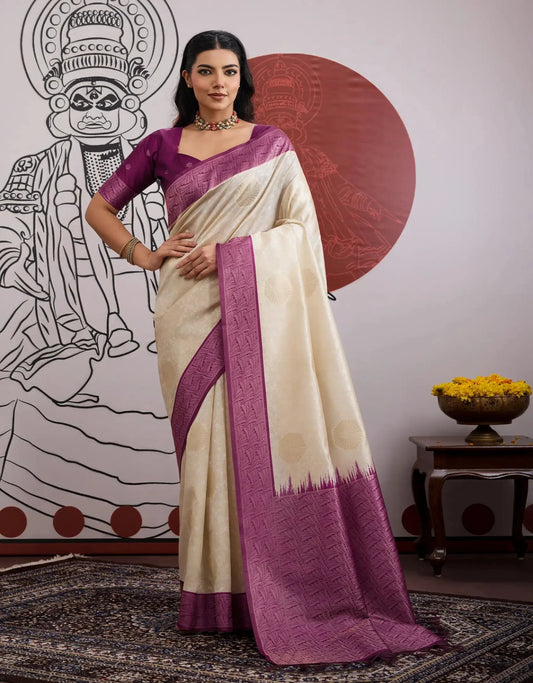 Beige-Wine Paper Silk Zari Weaving Saree