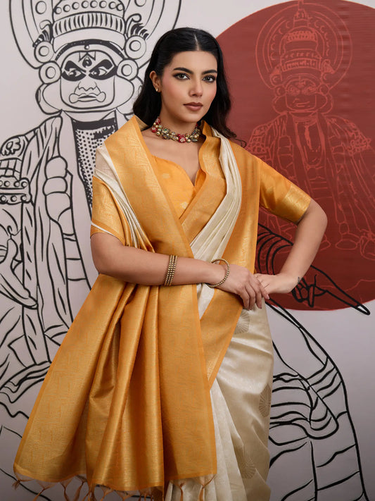Beige-Yellow Paper Silk Zari Weaving Saree