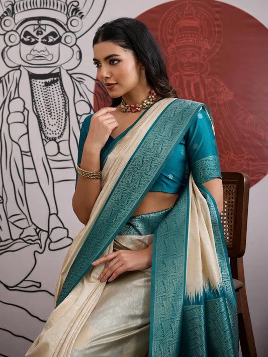 Beige-Teal Paper Silk Zari Weaving Saree