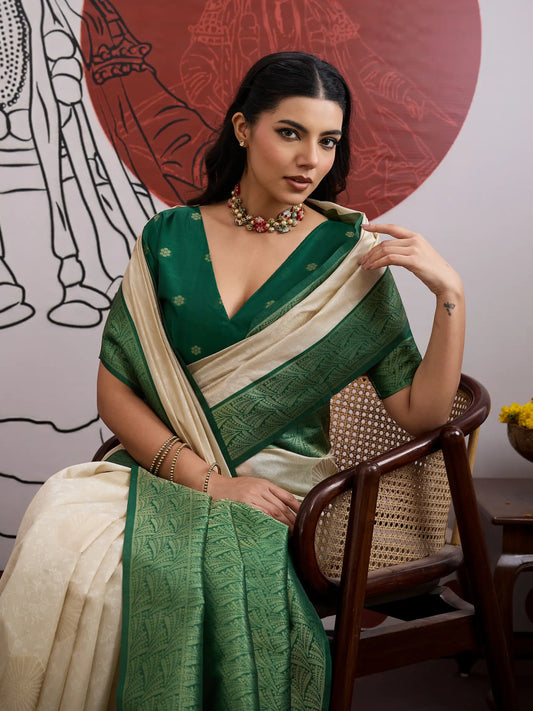 Beige-Green Paper Silk Zari Weaving Saree