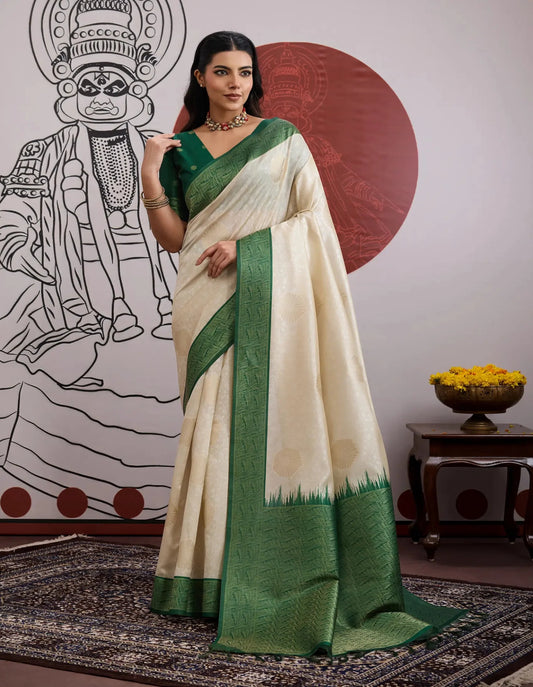 Beige-Green Paper Silk Zari Weaving Saree