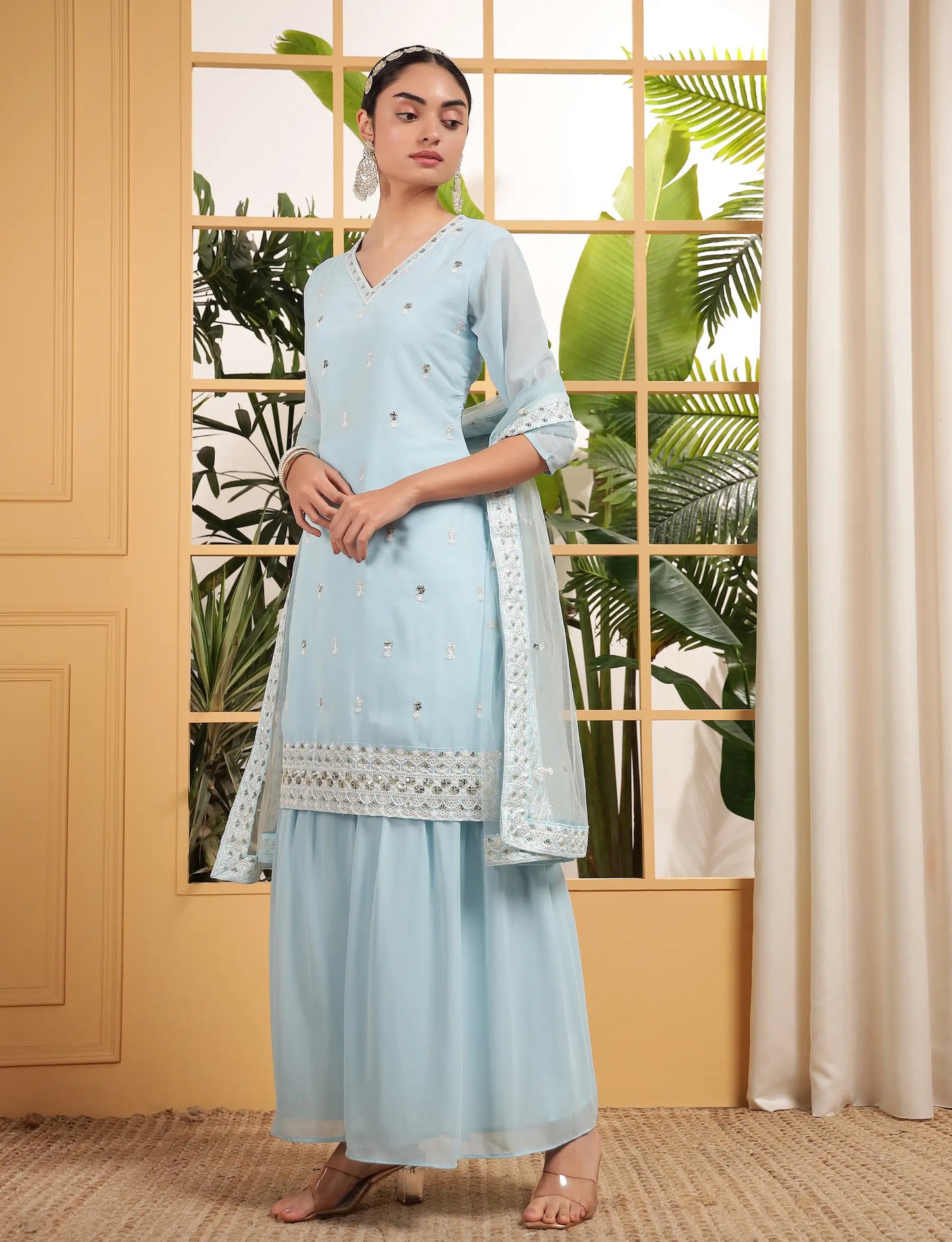 Sky Blue Georgette Salwar Suit With Sequence Embroidery Work