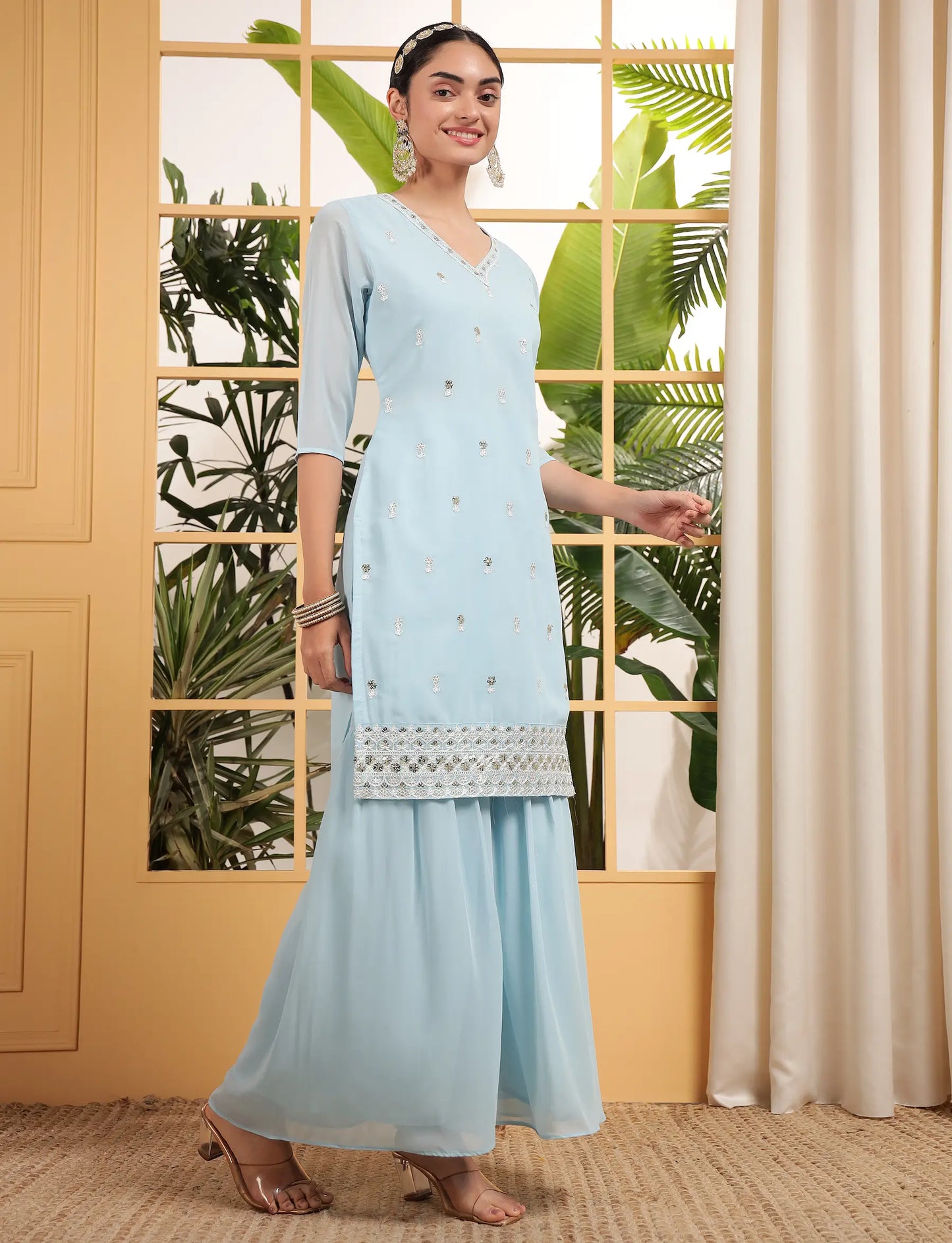Sky Blue Georgette Salwar Suit With Sequence Embroidery Work