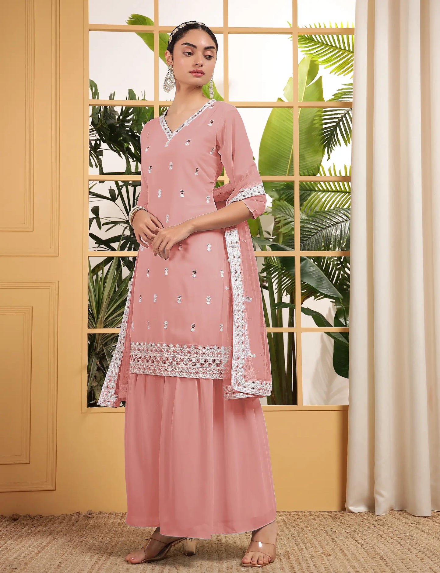 Peach Georgette Salwar Suit With Sequence Embroidery Work