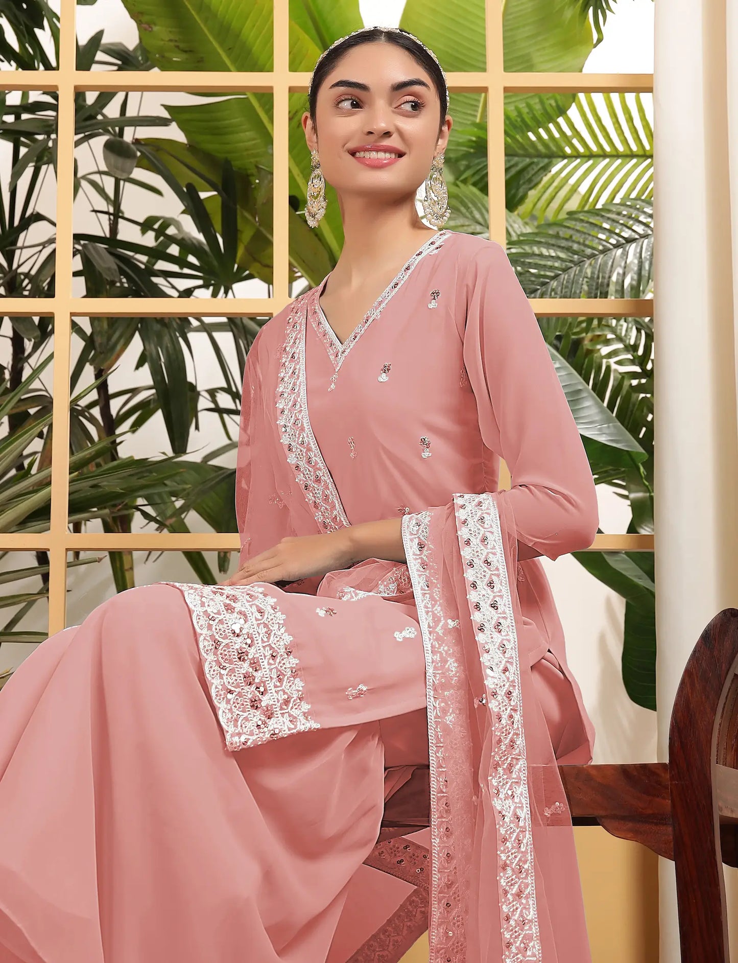 Peach Georgette Salwar Suit With Sequence Embroidery Work