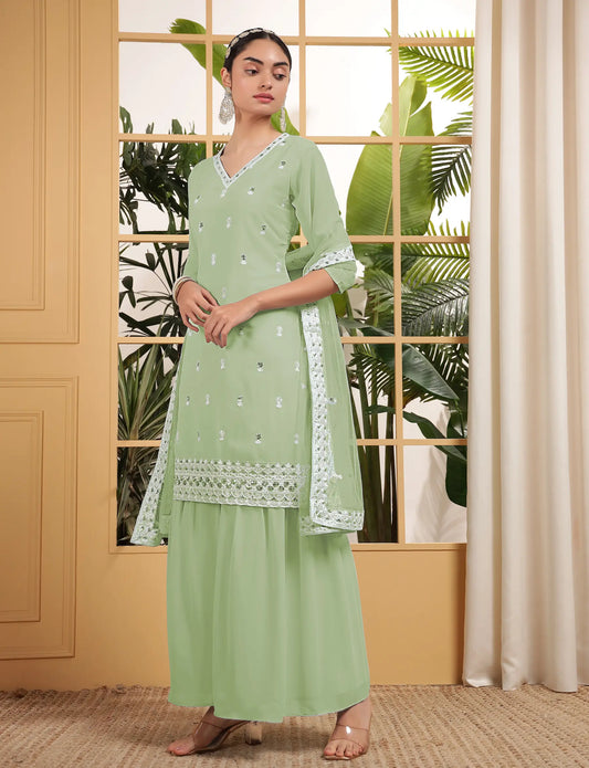 Pista Green Georgette Salwar Suit With Sequence Embroidery Work