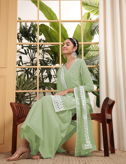 Pista Green Georgette Salwar Suit With Sequence Embroidery Work