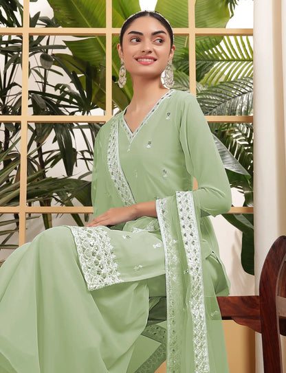 Pista Green Georgette Salwar Suit With Sequence Embroidery Work