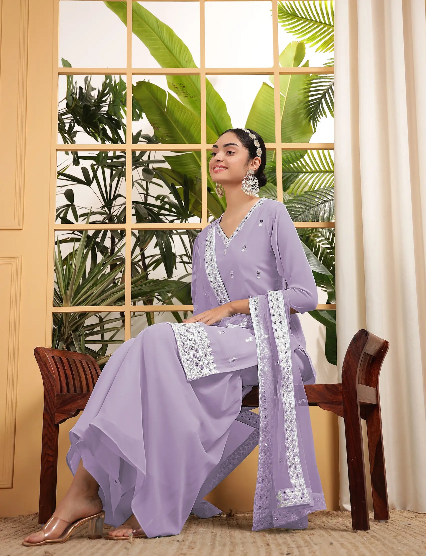 Lavender Georgette Salwar Suit With Sequence Embroidery Work