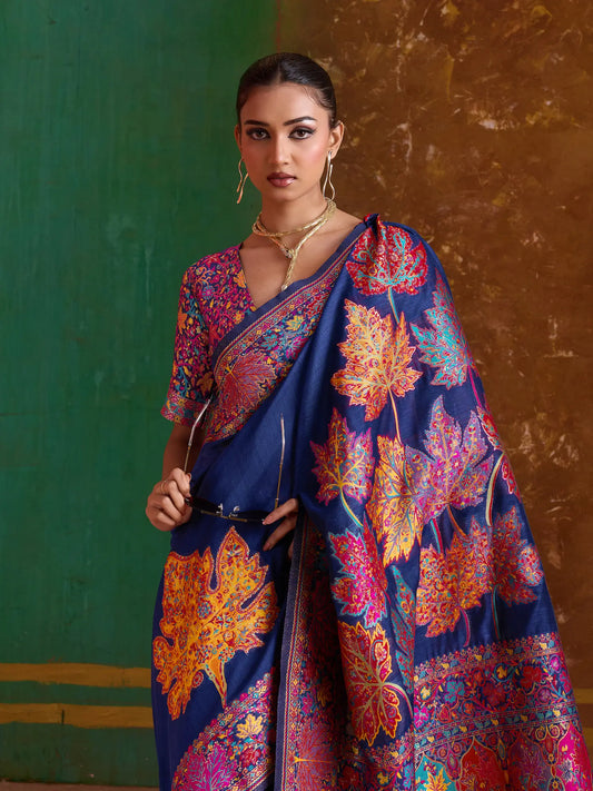 Navy Blue Cotton Pashmina Weaving Saree