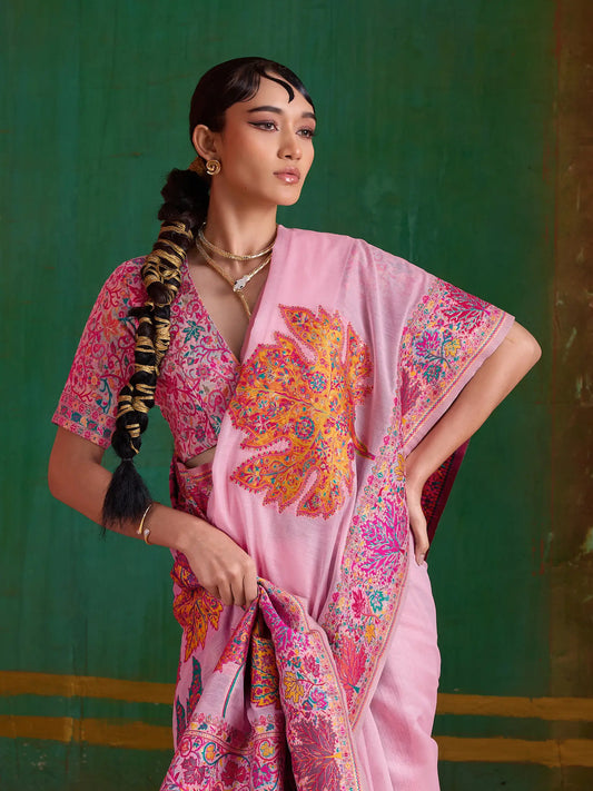 Rose Pink Cotton Pashmina Weaving Saree