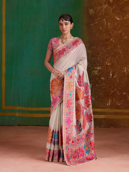 Off White Cotton Pashmina Weaving Saree