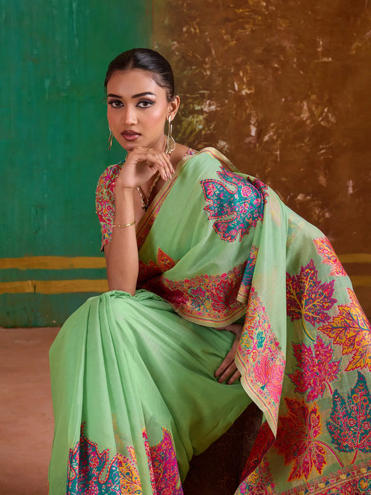 Pista Green Cotton Pashmina Weaving Saree
