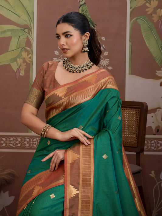 Pine Green Tussar Silk Handloom Weaving Saree