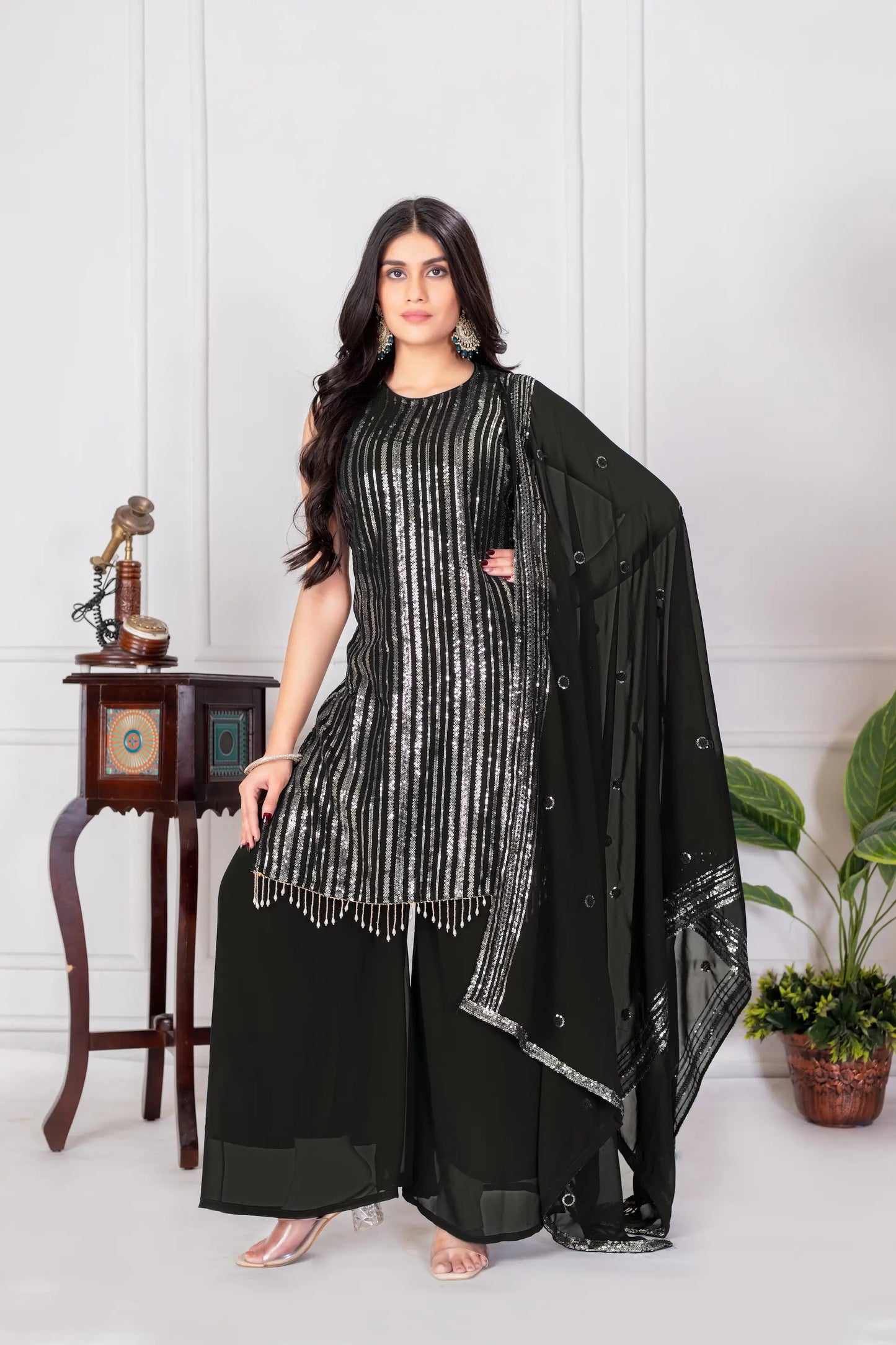 Black Georgette Sequence Embroidery Work Palazzo Salwar Suit