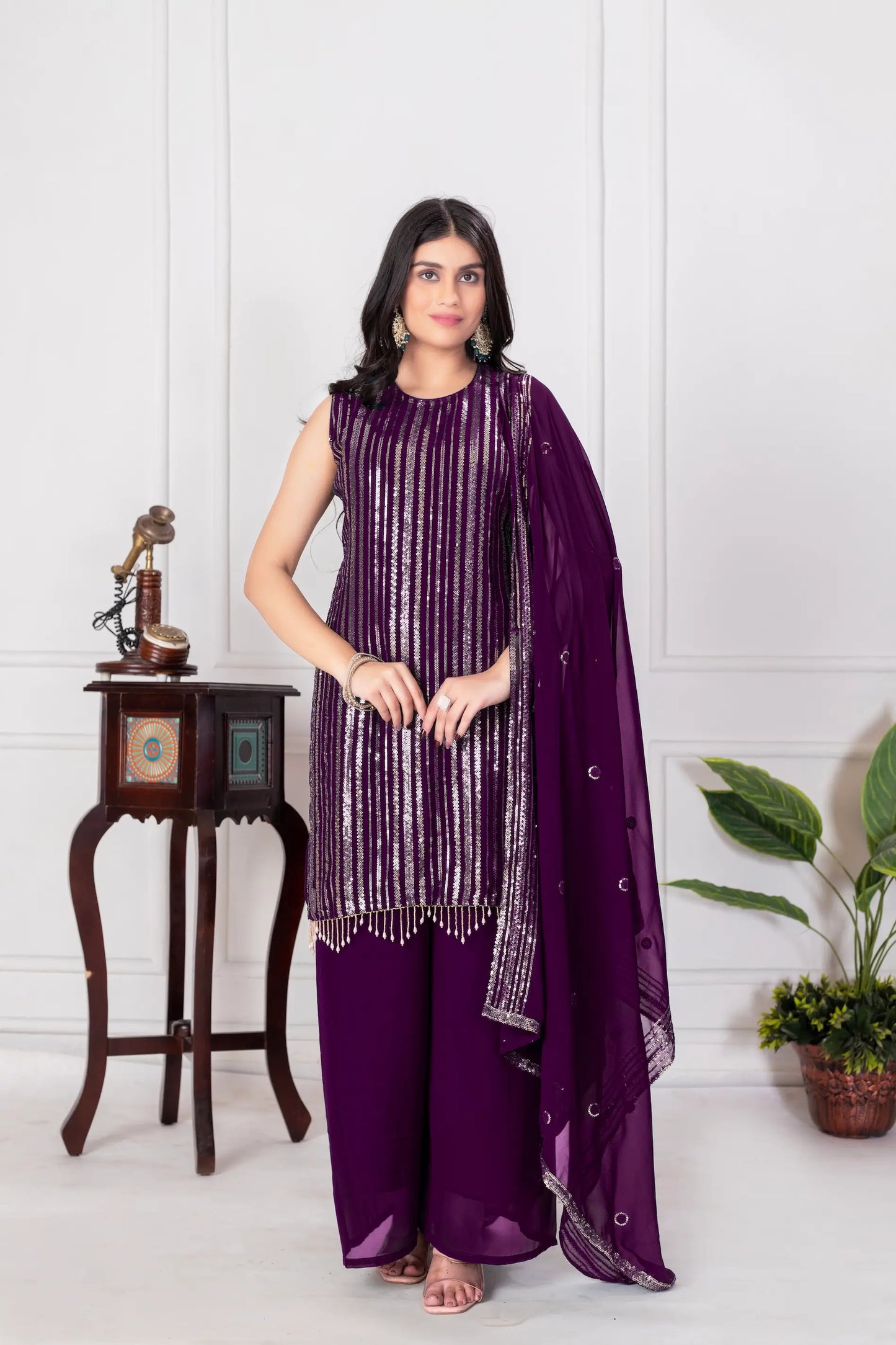 Wine Georgette Sequence Embroidery Work Palazzo Salwar Suit