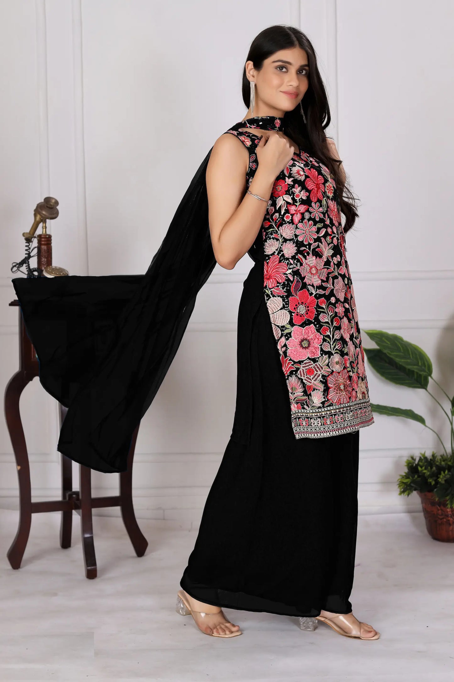 Black Georgette Palazzo Salwar Suit With Sequence Embroidery Work