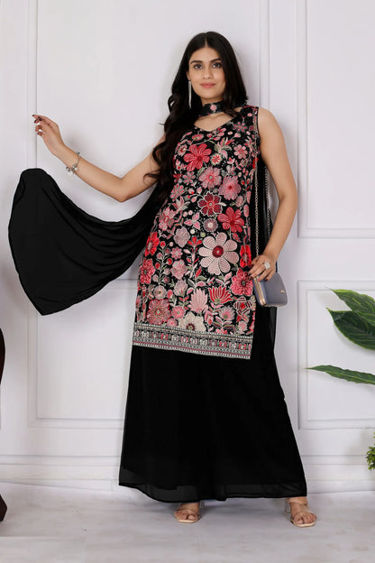 Black Georgette Palazzo Salwar Suit With Sequence Embroidery Work