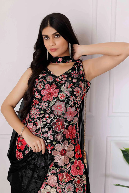 Black Georgette Palazzo Salwar Suit With Sequence Embroidery Work