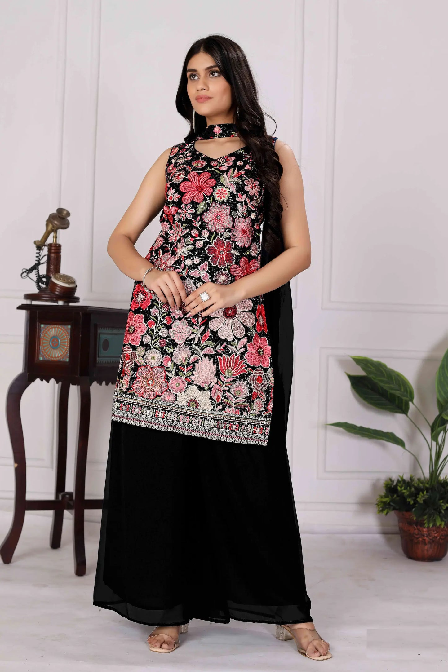 Black Georgette Palazzo Salwar Suit With Sequence Embroidery Work
