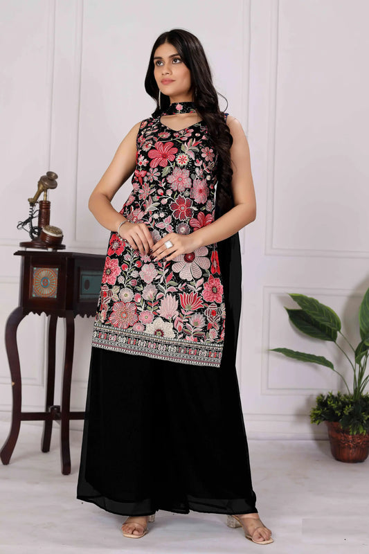 Black Georgette Palazzo Salwar Suit With Sequence Embroidery Work