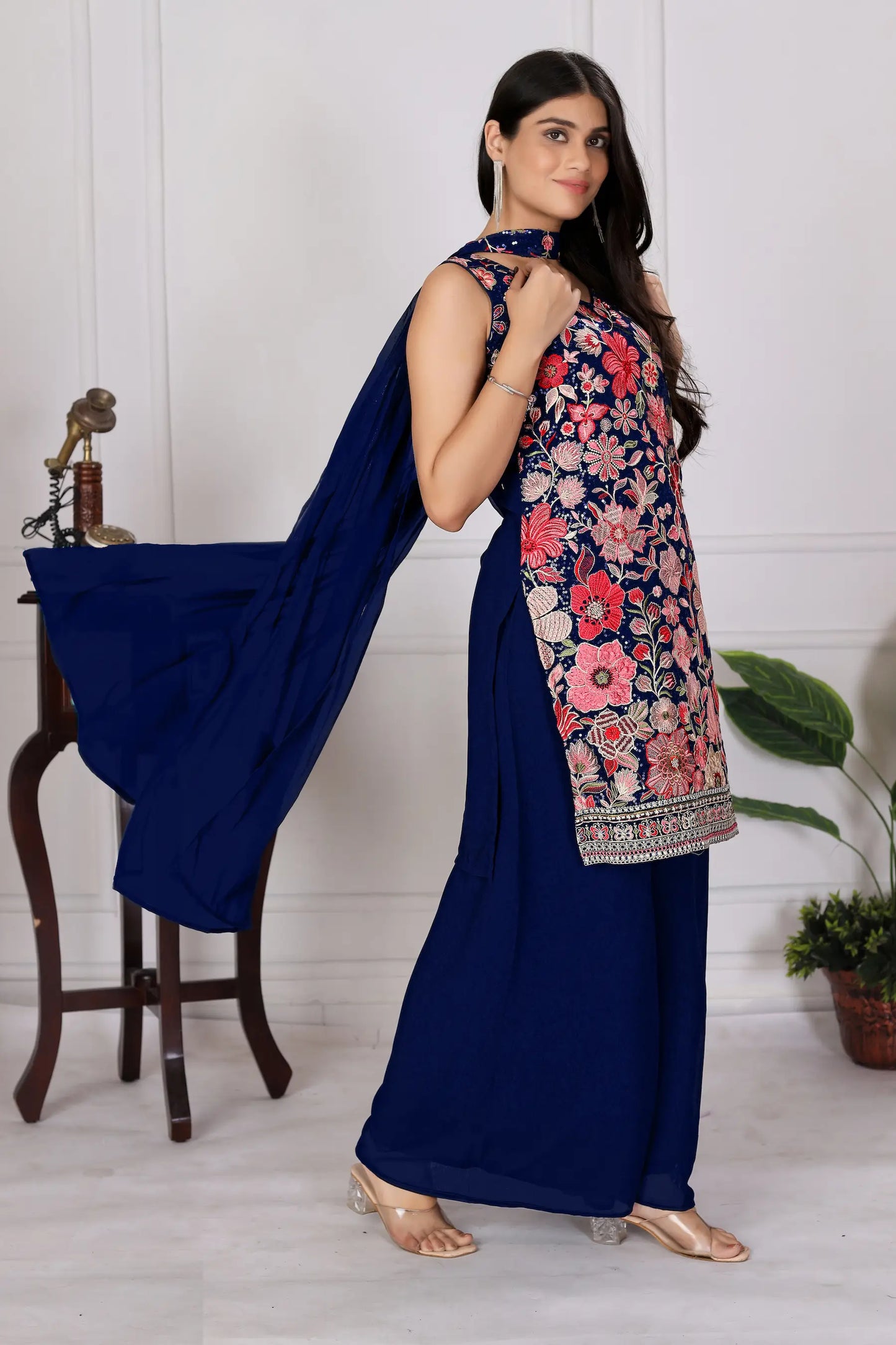 Dark Blue Georgette Palazzo Salwar Suit With Sequence Embroidery Work