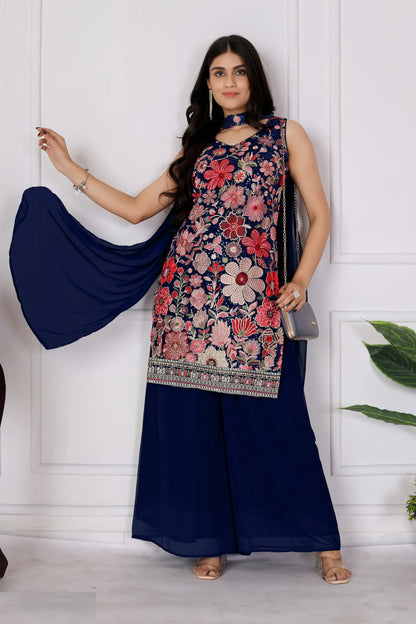 Dark Blue Georgette Palazzo Salwar Suit With Sequence Embroidery Work