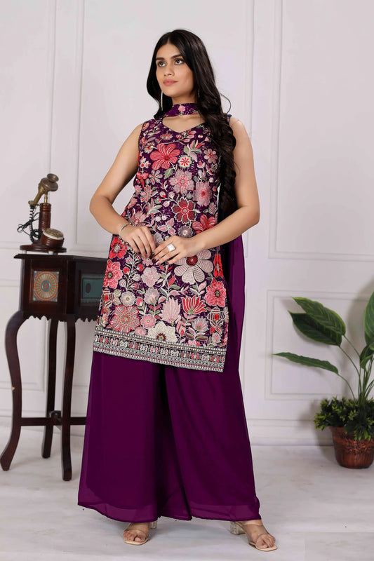 Dark Purple Georgette Palazzo Salwar Suit With Sequence Embroidery Work