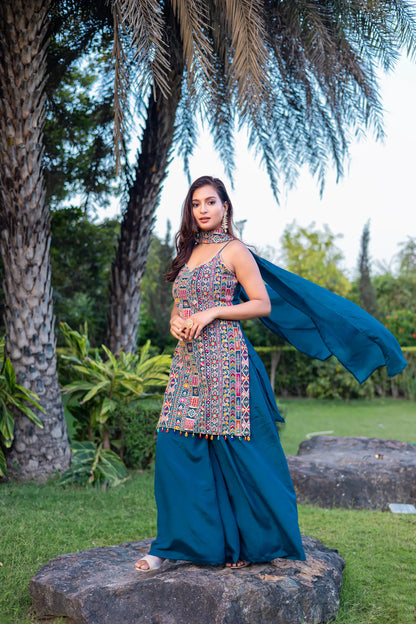 Blue Chinon Sequence Embroidery Work Palazzo Salwar Suit