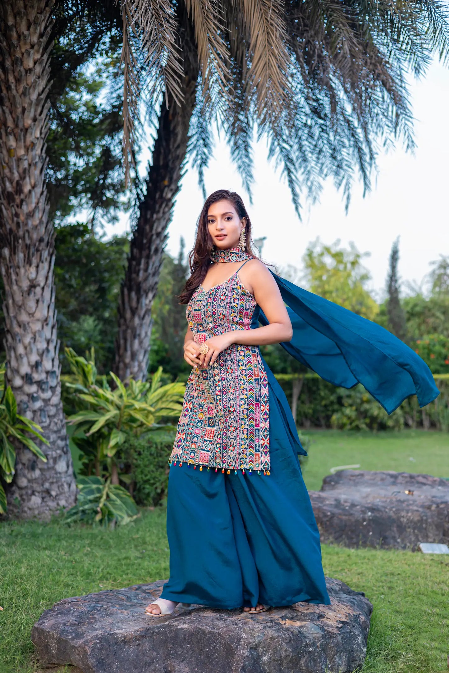 Blue Chinon Sequence Embroidery Work Palazzo Salwar Suit