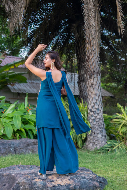 Blue Chinon Sequence Embroidery Work Palazzo Salwar Suit