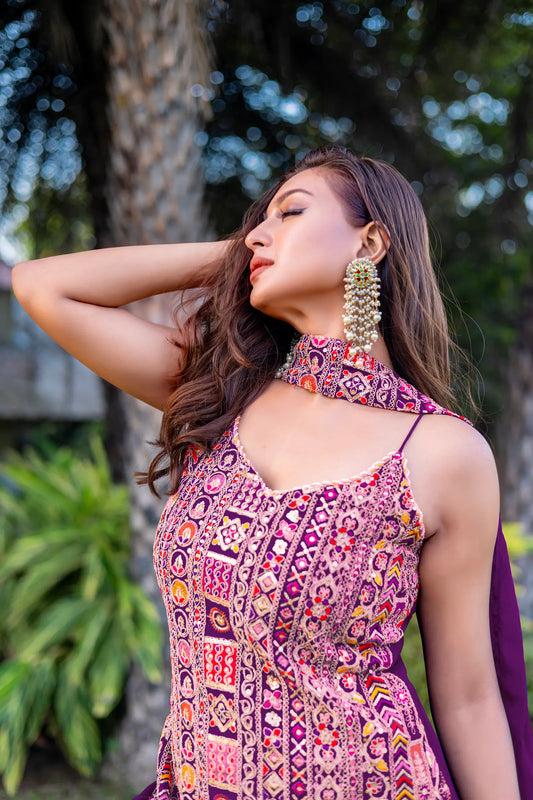 Purple Chinon Sequence Embroidery Work Palazzo Salwar Suit