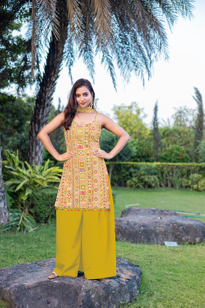 Yellow Chinon Sequence Embroidery Work Palazzo Salwar Suit