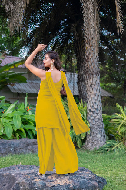 Yellow Chinon Sequence Embroidery Work Palazzo Salwar Suit