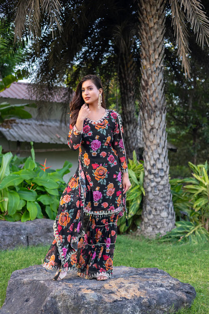 Black Georgette Palazzo Salwar Suit With Floral Print & Embroidery Work