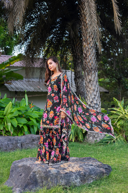 Black Georgette Palazzo Salwar Suit With Floral Print & Embroidery Work
