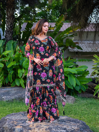 Black Georgette Palazzo Salwar Suit With Floral Print & Embroidery Work