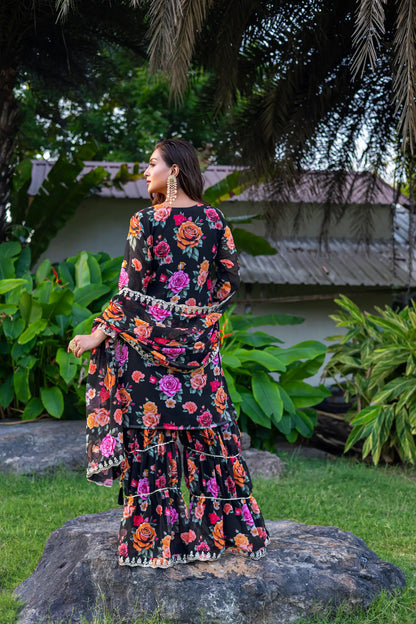 Black Georgette Palazzo Salwar Suit With Floral Print & Embroidery Work